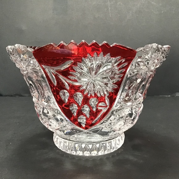 Vintage Anna Hutte Bleikristall Ruby Red & Clear Crystal Candy Bowl Dish - Picture 1 of 7
